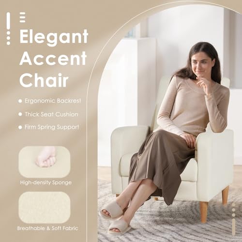 COLAMY Mid-Century Modern Upholstered Accent Chair with Back Pillow & Solid Wood Legs, Fabric Cozy Armchair for Living Room, Bedroom, Reading Nook, Apartment & Small Spaces, Beige - color: Beige, size: Set of 2