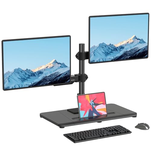 Pholiten Dual Monitor Stand with Wooden Base | Gas Spring Height Adjustable Arms, Each Holds 32 Inch Screen up to 22lbs, VESA Mount 75x75/100x100mm, Tilt/Swivel/Rotate - style: dual arms with pole