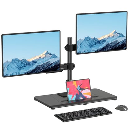 Pholiten Dual Monitor Stand with Wooden Base | Gas Spring Height Adjustable Arms, Each Holds 32 Inch Screen up to 22lbs, VESA Mount 75x75/100x100mm, Tilt/Swivel/Rotate - style: dual arms with pole
