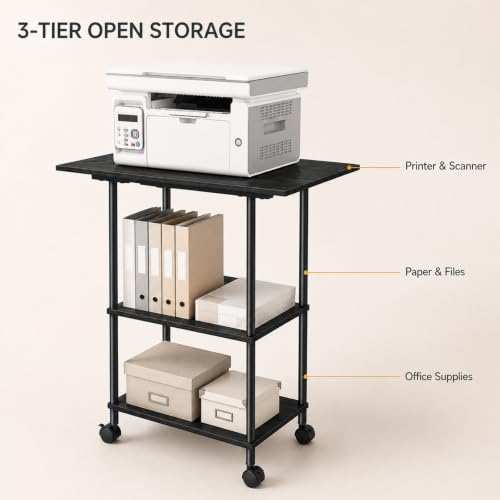 Black Large Printer Stand with Storage 3 Tier Rolling Printer Cart - color: Black