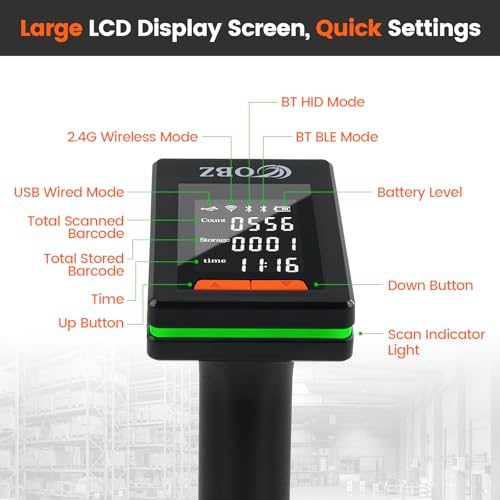 OBZ 2D Bluetooth Barcode Scanner with 2.4" Large LCD Screen,3-in-1 Wireless & Bluetooth & USB,Handheld 1D 2D PDF417 Data Matrix Image Scanner for Inventory,Retail,POS,Warehouse,Windows,Mac,iOS,Android - style: Bluetooth Scanner with Screen