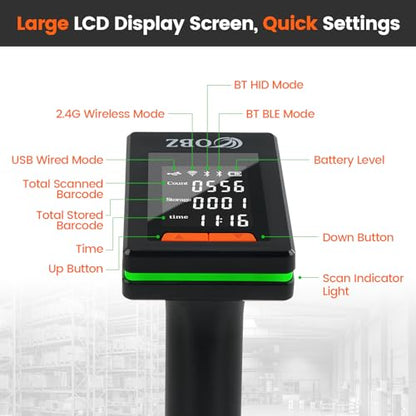 OBZ 2D Bluetooth Barcode Scanner with 2.4" Large LCD Screen,3-in-1 Wireless & Bluetooth & USB,Handheld 1D 2D PDF417 Data Matrix Image Scanner for Inventory,Retail,POS,Warehouse,Windows,Mac,iOS,Android - style: Bluetooth Scanner with Screen