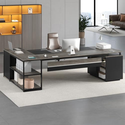 78" Executive Desk with Lockable File Cabinet, L Shaped Office Desk with Power Outlets, Large Executive Desk with Drawers and Storage Shelves , Reversible Computer Desk with Privacy Screen, Grey - color: Grey