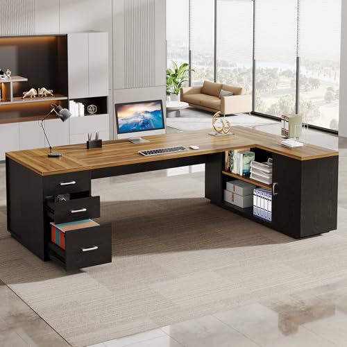 Tribesigns 85.8-Inch L-Shaped Executive Desk, Extra Large Home Office Desk - color: Brown & Black