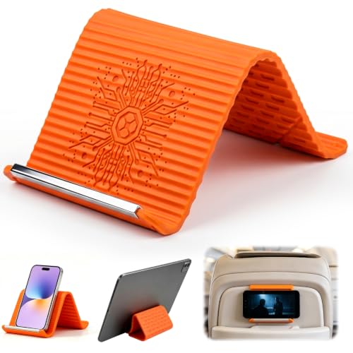 1PCS Flexible Silicone Phone Stand Holder, Foldable Adjustable Cell Phone Stand, Portable Anti Slip Airplane Phone Holder for Bed, Office, Kitchen, Travel, Compatible with Smartphone, Tablet（Orange） - color: Orange