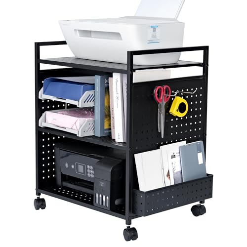 Mythinglogic 3-Tier Rolling Printer Stand with Pegboard and File Holder | Metal cart with adjustable shelves and locking wheels for printers, scanners, paper, craft tools and classroom supplies - color: Black