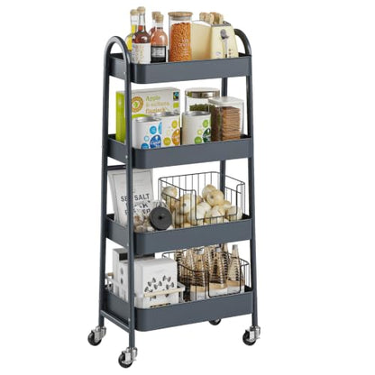 DUMOS 4 Tiers Rolling Utility Cart, Storage Organizer, Shelving Unit | Metal, Lockable Wheels, Mobile, Kitchen, Bathroom, Laundry, Narrow Places, Gray - color: 4-tier Deep Gray