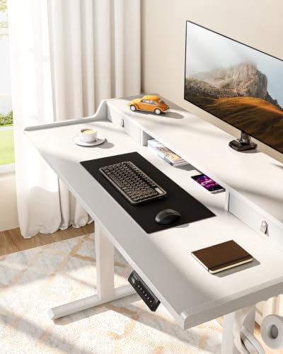 ErGear Electric Standing Desk with Drawers, 48″ x 24″ Gaming Table Compatible Monitor Stand, Stand up Desks, Home Office Height-Adjustable Desk with Storage Shelf, 4 Preset Heights, White - color: White, size: 48" X 24"