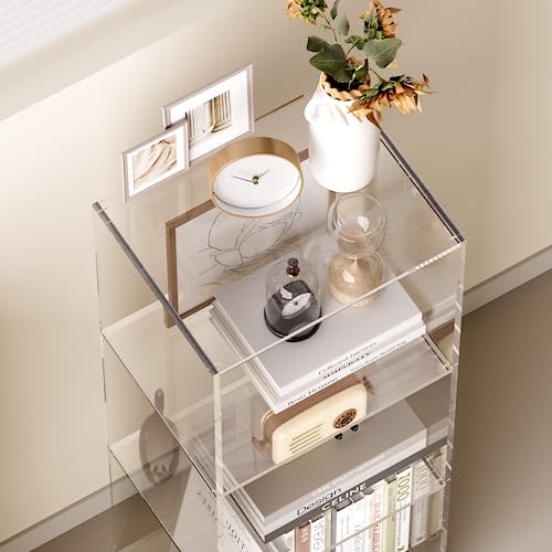 Acrylic Bookcase, 3 Tier Clear Floor Standing Bookshelf, 31.5 inch Tall Display Cube Storage Shelf Home Decor Furniture for Home, Office, Living Room, Bedroom
