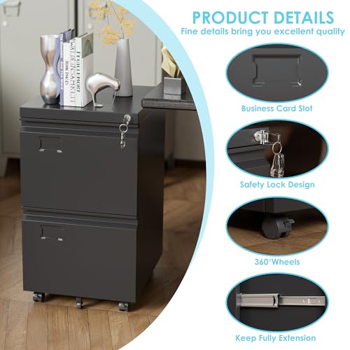 2 Drawer Steel File Cabinet with Lock, Wheels, Assembly Required