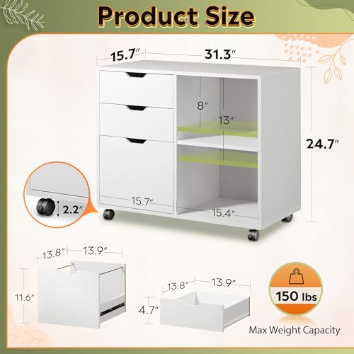 DEVAISE 3 Drawer File Cabinet, Lateral Filing Cabinet White | Mobile Printer Stand, Open Storage Shelves, Letter & A4 Compatible, Wood, Home Office - color: White