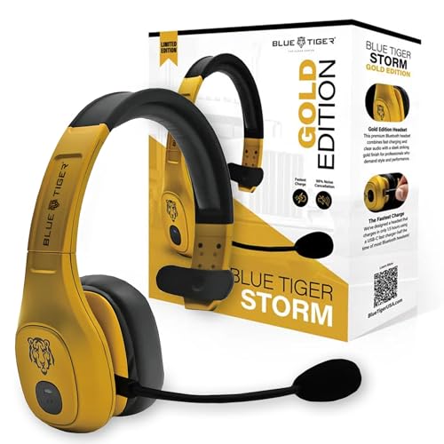 Blue Tiger Storm Gold - Premium Trucker Bluetooth Headset-Wireless Noise Canceling Mono Headset with Mic -High-Fidelity Sound, 30-Hour Talk Time, USB-C Charging - for Truck Drivers, Bluetooth 5.0 - color: Gold, style: Storm Gold