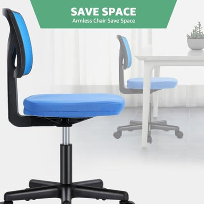 Armless Mesh Office Chair, Ergonomic Low Back Deskchair, Adjustable Rolling Task Computer Swivelchairs for Small Spaces Home Bedroom Study, Blue - color: Blue