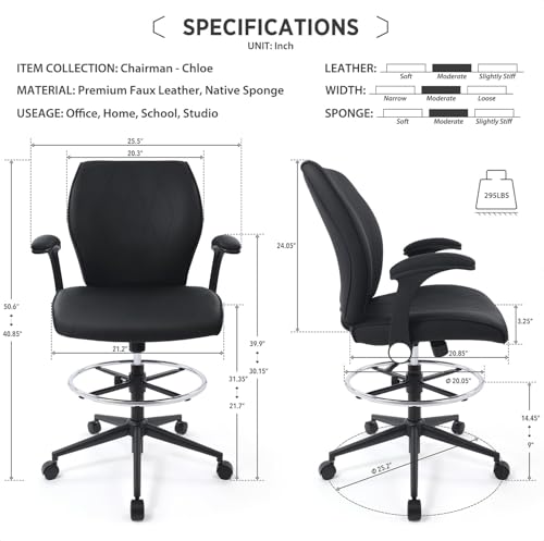 Ergonomic Adjustable Drafting Chair Extra Tall Office Stool for Standing Desk, Mid Back Faux Leather Counter Height Comfortable Bar High Roll Tilt Computer Chair with Flip Up Arms and Foot Ring, Black
