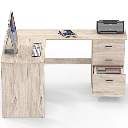 SHW L-Shaped Home Office Wood Corner Desk w/Box Box File Drawers, Maple | 51 x 59 Inches | 2 Pre-installed Grommets - color: Maple