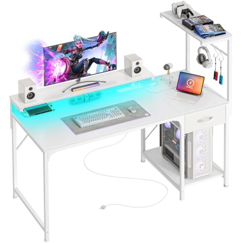 PRAISUN 47.2 Inch Gaming Desk with LED Lights & Power Outlets - color: White, size: 47.2 Inch