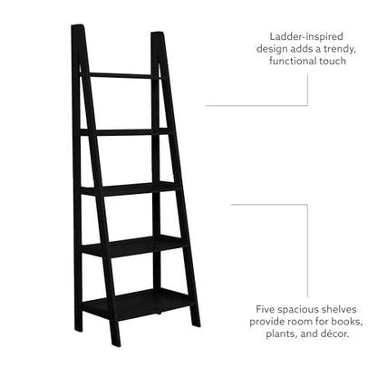 Linon Archdale Wood Open Back 72" Ladder Bookshelf with 5 Shelves in Black