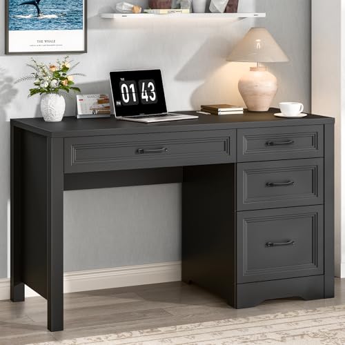 Vabches Farmhouse Executive Desk with Storage and Ample File Drawer, Rustic Large Home Writing Desk for Bedroom, Pure Black - color: Pure Black, size: 19.69"D x 47.24"W x 30.71"H