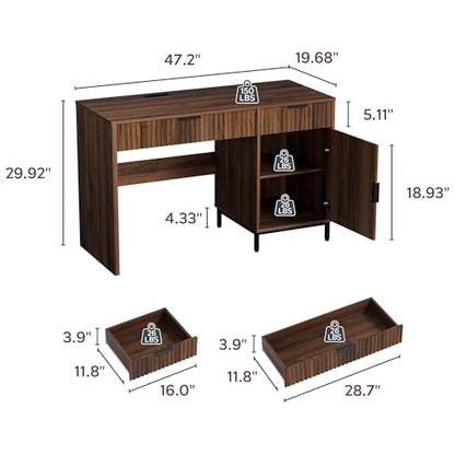 47" Office Desk with Fluted Drawers, Wooden Home Exectuive Desk with Storage Cabinet, Charging Station, Metal Legs Modern Farmhouse Computer Desk for Work, Study, Brown - color: Brown