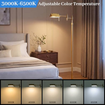 Bairth Gold Reading Floor Lamp, Dimmable Pharmacy Standing Lamp with Remote | 3 Color Temperature, Dimmable, 17W LED, Height Adjustable, 360°Swing Arm, for Living Room, Bedroom, Office, Craft & Sewing - color: Antique Brass