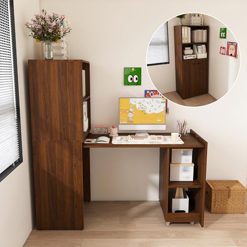 Walnut Wooden Foldable Murphy Desks for Small Spaces(Walnut,) | Home Computer Desk with Storage Shelves, Hideaway Writing Desk, Space Saving Pull Out Study Table for Bedroom Apartment - color: Walnut,