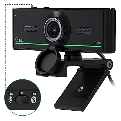 Gsou 1080P Webcam with Microphone for Desktop, Auto Light Correction,Privacy Cover, Computer Webcam Connect Bluetooth Headset/Earphone/Speaker, Webcams for Live Skype Teams, Bluetooth only for Audio - color: Webcam