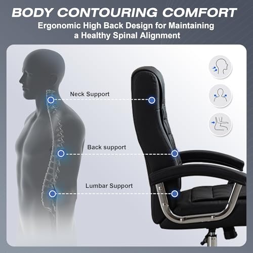 Executive Office Chair Adjustable Leather Chair, High Back Swivel Office Desk Chair with Padded, Armrest 350lbs Load-Bearing Spring Seat Computer Desk Chair for Home Office, Black - color: Black