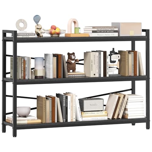 3 Tier Bookcase 47.24" Width, Long Industrial Book Shelf, Vintage Wooden Large Book Shelf for Home Living Room Bedroom Office Storage(Black) - color: Black, size: 3 Tier - 47.2" W