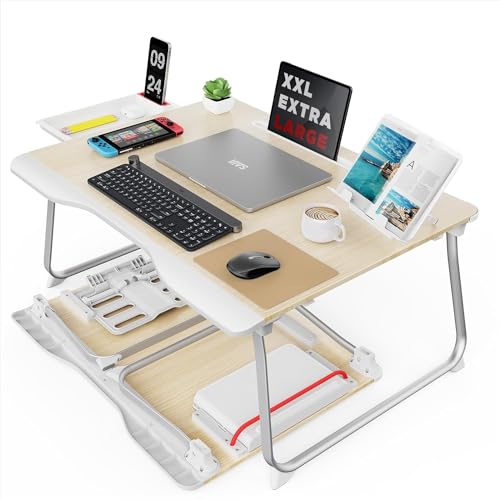 SAIJI Folding Bed Desk for Laptop, Extra Large Folding Bed Tray Table - color: Teak