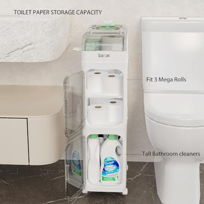 BINSIO 3-Tier Slim Bathroom Storage Cabinet, Rolling Toilet Paper Storage Cabinet with Clear Doors, Narrow Toilet Side Organizer for Small Bathrooms, Rolls, Wipes, Cleaners and Bathroom Essentials - size: 3 Tiers