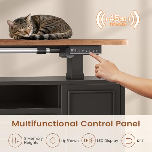 SEDETA Farmhouse L Shaped Executive Electric Standing Desk with 4 Drawers | 69" x 55" Height Adjustable Office Desk with Storage Shelves, Power Outlet, Sit Stand Computer Desk, Black and Brown - color: Black and Brown