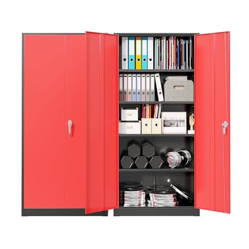 Bonusall 72" Metal Garage Storage Cabinet， Heavy-Duty Steel Cabinet with 2 Locking Doors & 5 Adjustable Shelves for Home - color: Black&red, size: MSC-72-D18