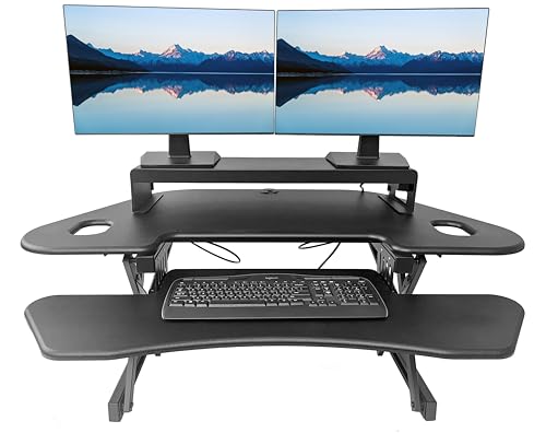 Rocelco 46" Height Adjustable Corner Standing Desk Converter with AC Outlet USB Charger and Dual Stand - Tabletop Computer Riser Workstation - Large Keyboard Tray - Black (R CADRB-46-ACUSB-DMS) - color: Black+acusb, style: Riser + Monitor Stand