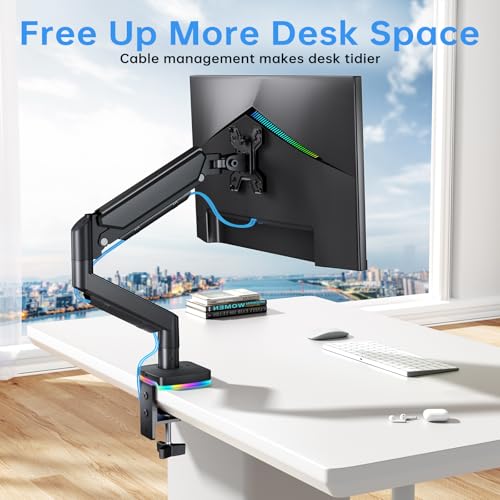 RGB Single Monitor Stand, Gas Spring Monitor Arm with 3 USB Ports, Charging and USB Data Transfer Function, Desk Mount for 13"-32" Monitors up to 19.8lbs, Adjustable Height, Tilt, Swivel, Rotate