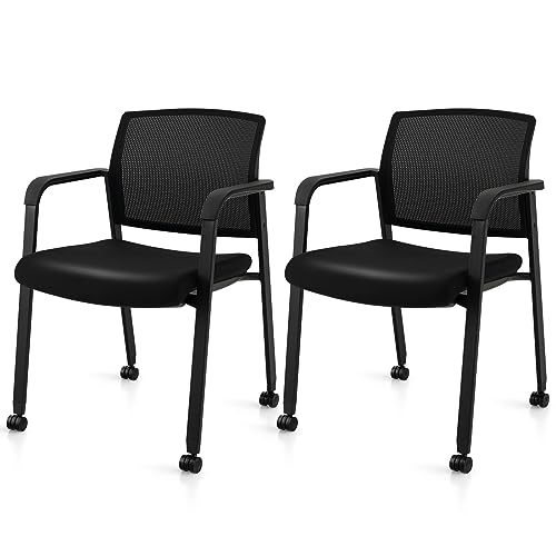 Tangkula Rolling Conference Room Chairs Set of 2, Stackable Office Guest Mesh Chairs with Armrests and Wheels, Ideal for Waiting Room Office, School, Lobby (Black) - color: Black, size: Set of 2