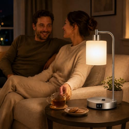 Set of 2 Industrial Touch Control Table Lamps with 2 USB Ports and AC Outlet - 3-Way Dimmable Nickel Bedside Lamp Nightstand Desk Lamps for Bedroom Living Room, Opal Glass Shade & 2 LED Bulbs Included - color: Nickel(2 pack)-Opal Glass-Touch Control
