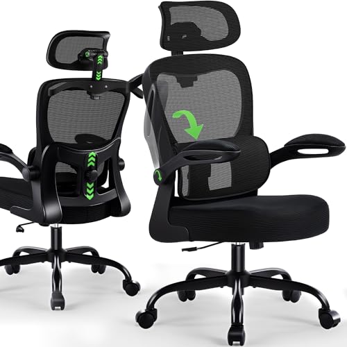 Office Chair Ergonomic Desk Chairs with Adjustable Lumbar Support& Headrest Hanger, High Back Breathable Mesh Chair with Wheels, Rolling Swivel Comfy Task Computer Chair for Home Work Gaming - color: Black