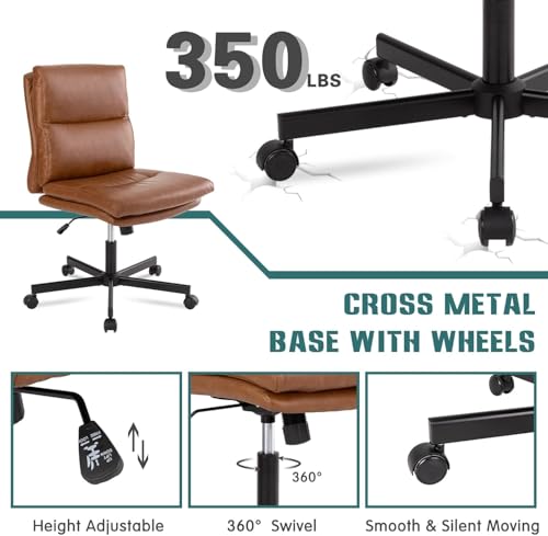 LUCKWIND Armless Office Desk Chair with Wheels, Mid-Back Criss Cross Swivel Task Chair, Height Adjustable Cushioned Vanity Chair, Double Padded PU-Leather Chairs for Home, Office & Bedroom (Brown) - color: Brown
