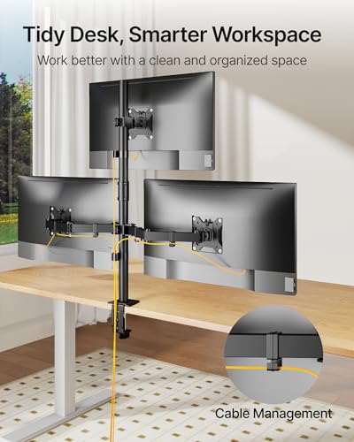 monTEK Triple Monitor Stand for 17-32" Screens, 22 lbs Each | Three-screen desk mount, height adjustment, tilt, swivel, rotation, clamp/grommet bases and VESA 75/100 - size: Triple Monitor