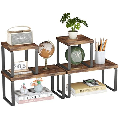 2 Sets Wooden Desktop Organizer Shelf, 2-Tier Adjustable Freestanding Bookshelf Desk Shelf, Stackable Desk Organizer for Office, Dorm, Bedroom, Space Saving, Easy Assembly, Rustic Brown (2 Pack) - size: 2 Pack