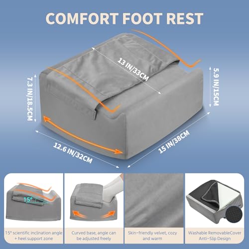 Under Desk Footrest with Rocking Base & Warming Cover, Gray Velvet | Washable velvet cover | 15° tilt + rocking base | 2 heights: 6.1"/7.3" | Non-slip | Office, gaming, home - color: Gray, size: 12.6" L x 15" W x 7.3"