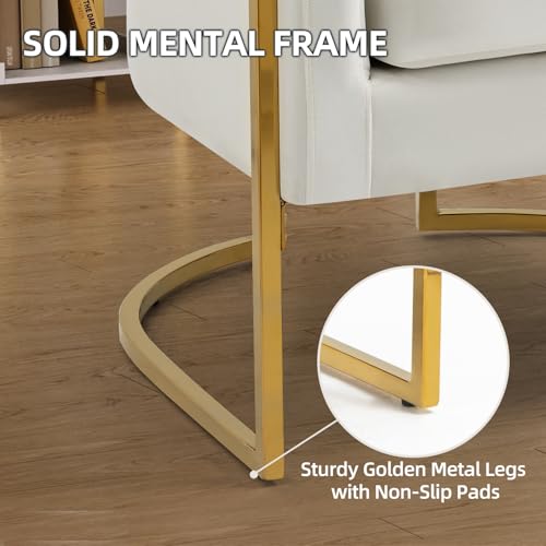 Velvet Accent Barrel Chairs Set of 2, Modern Arm Club Chair Set with Pillow for Living Room/Bedroom/Guest Reception, Channel Tufted, Gold Finish Base, White - color: Beige, size: 2 PCS