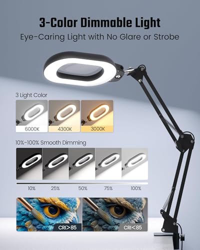 Square Magnifying Desk Lamp, Magnifying Glass with Light and Stand | 10X Dimmable LED Hands-Free Mag Magnifier Lamp with Clamp and Base, Swing Arm Light for Close Work, Reading, Crafting, Black