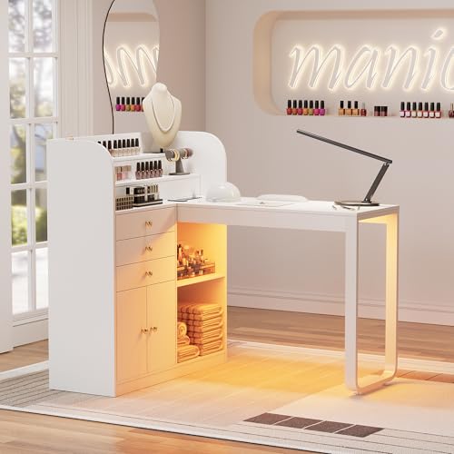 PAKASEPT L-Shaped Manicure Table with Shelves, Nail Table Desk w/Storage Drawers & Cabinet