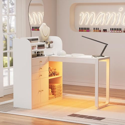 PAKASEPT L-Shaped Manicure Table with Shelves, Nail Table Desk w/Storage Drawers & Cabinet