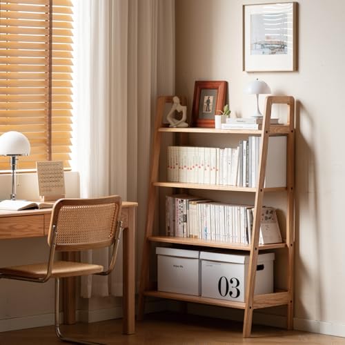 100% Solid Oak 4 Tier Ladder Shelf, Small Bookshelf, Ladder Bookshelf, Bookcase with Stable Frame, Small Table for Living Room Bedroom (Natural, 35.04" D x 16.53" W x 53.54" H) - color: Natural Color, size: 4 Tier (35.04" D x 16.53" W x 53.54" H)