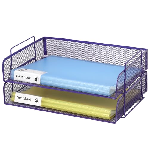 2 Pack Stackable Desk Paper Tray, Metal Mesh Desktop Document Letter File Organizer for Office Home School, 13.5'' L x 9.75'' W x 5.5'' H, Purple - color: 2 Pack Purple