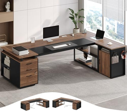 78" Executive Desk with Lockable File Cabinet, L Shaped Office Desk with Power Outlets, Large Executive Desk with Drawers and Storage Shelves , Reversible Computer Desk with Privacy Screen, Walnut - color: Walnut