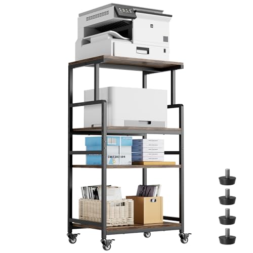 Aquzee 4-Tier Printer Stand, Large Printer Table with Wheels, Open Printers Table for Home Office, Rolling Printers Cart with Wheels, 5-Adjustable Heights, 27.5" W*19.7" D*49.3" H, Rustic Brown