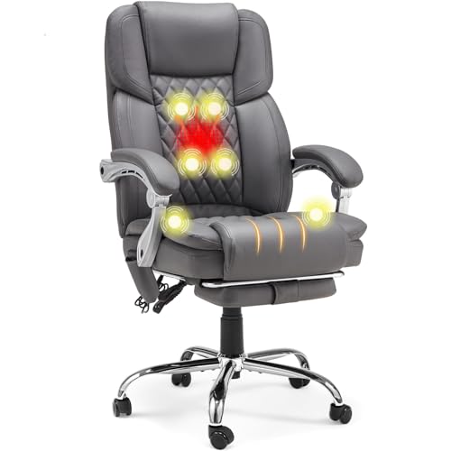 6-Point Massage Office Chair with Heat, Executive Office Chair with Footrest, Leather Computer Desk Chair with 135°Reclining Backrest for Home Office, Grey - color: Grey-leather